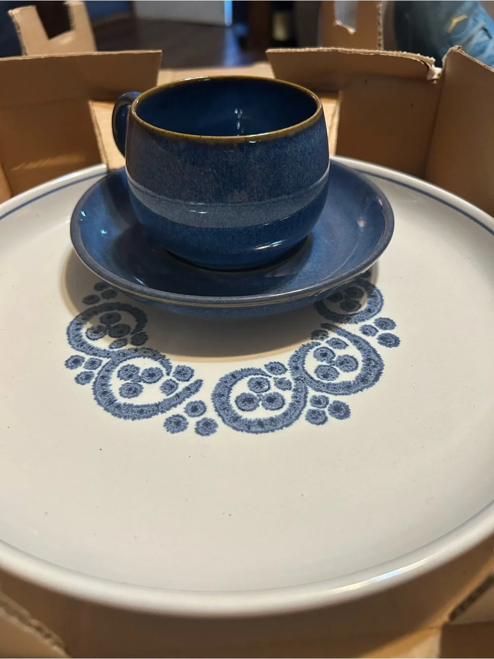 English Blue 3 Piece Place Setting Made In England . Cup, Saucer , Dinner Plate